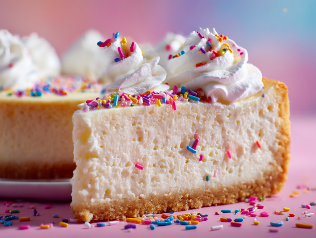 Close-up of creamy cheesecake slice with sprinkles and whipped cream
