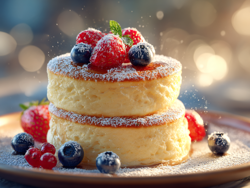 Fluffy Japanese soufflé pancakes with powdered sugar and berries