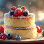 Fluffy Japanese soufflé pancakes with powdered sugar and berries