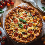 Homemade cherry tomato pie with fresh basil and melted cheese