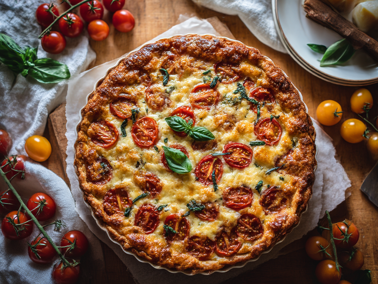 Homemade cherry tomato pie with fresh basil and melted cheese
