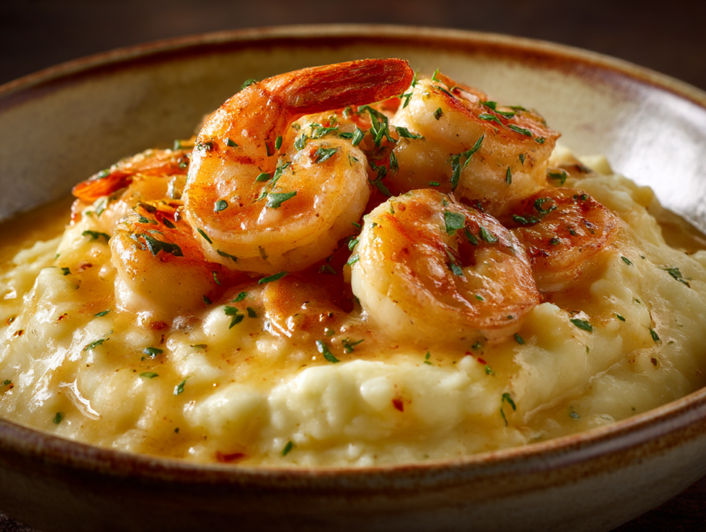 Shrimp in garlic cream sauce over mashed potatoes, top-down view