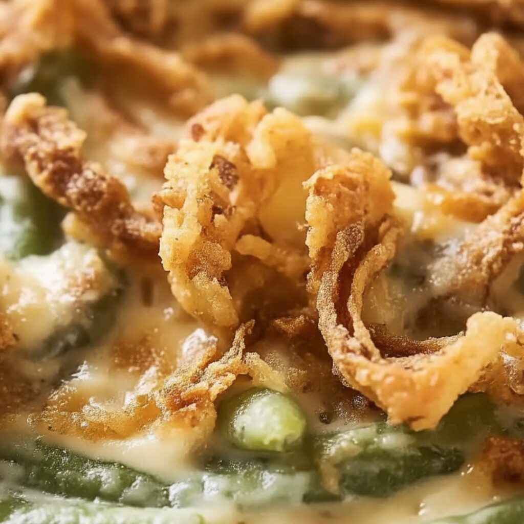Close-up of creamy Campbells Green Bean Casserole in a baking dish