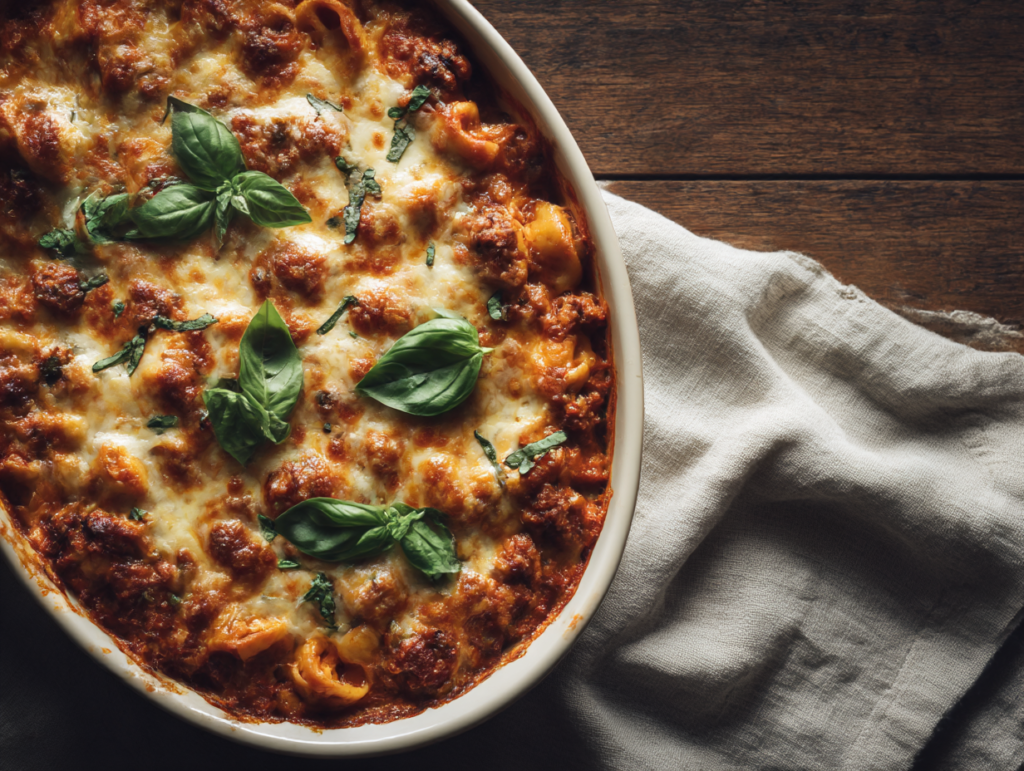 Baked sausage and tortellini with melted cheese and basil garnish