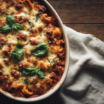 Baked sausage and tortellini with melted cheese and basil garnish