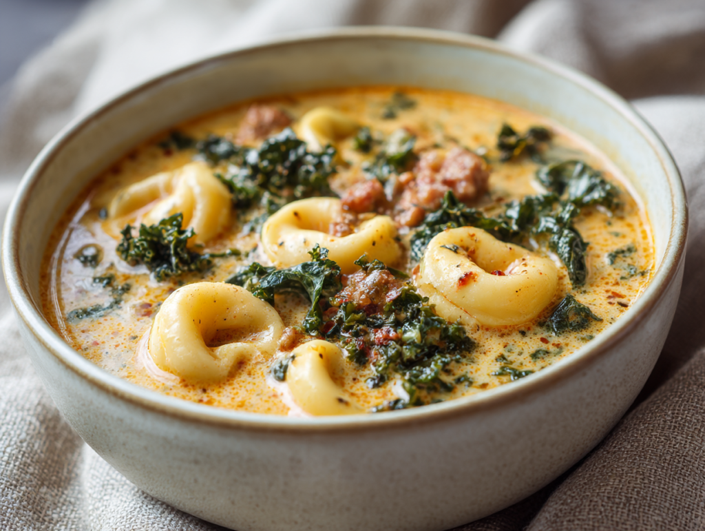 Creamy sausage and tortellini soup with kale and parmesan garnish
