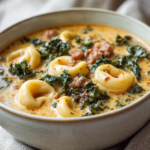Creamy sausage and tortellini soup with kale and parmesan garnish