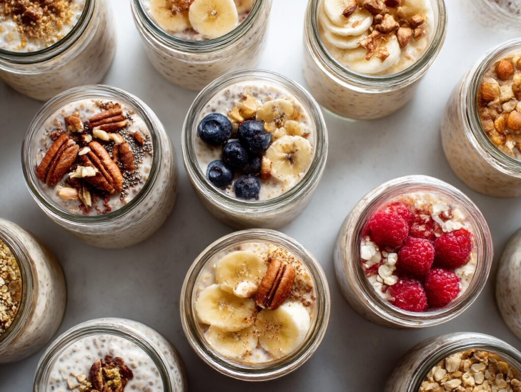 Overnight oats with Greek yogurt and chia seeds topped with fresh berries