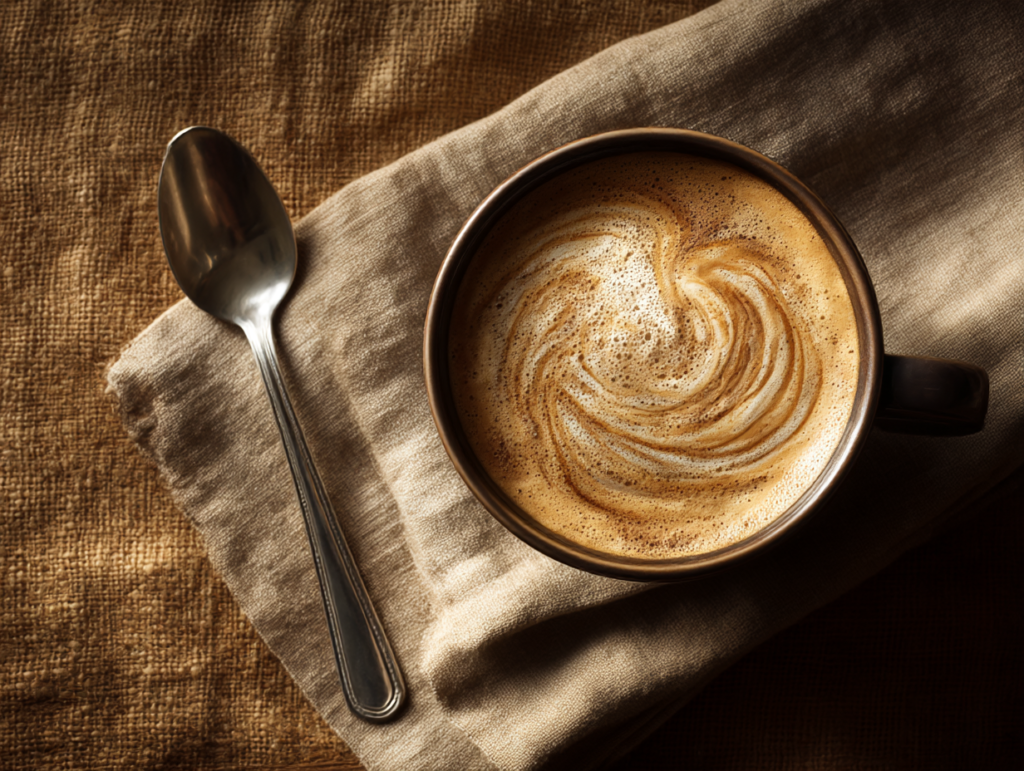 Top-down view of a cup of hot coffee with foam and spoon
