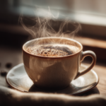A steaming mug of hot coffee in a cozy kitchen setting