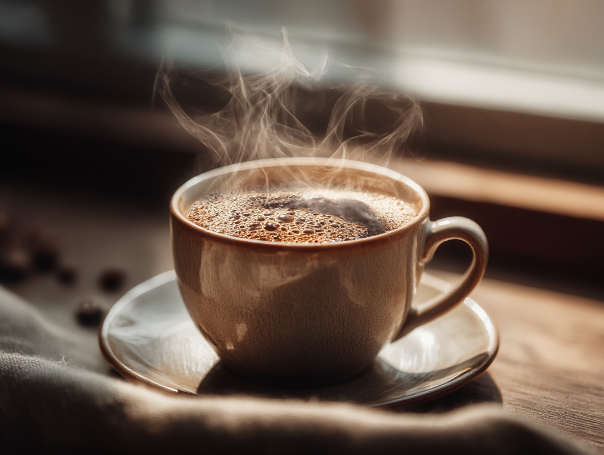 A steaming mug of hot coffee in a cozy kitchen setting