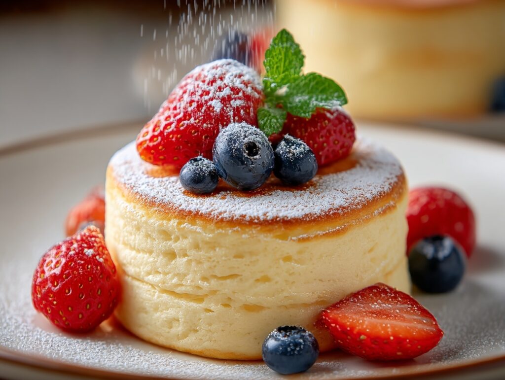 tack of Japanese soufflé pancakes topped with whipped cream