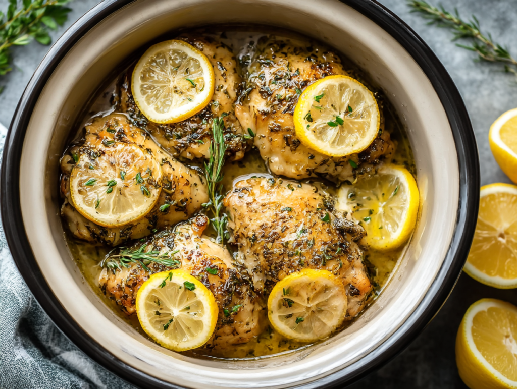 close-up of lemon herb chicken and rice showing creamy texture and parsley garnish