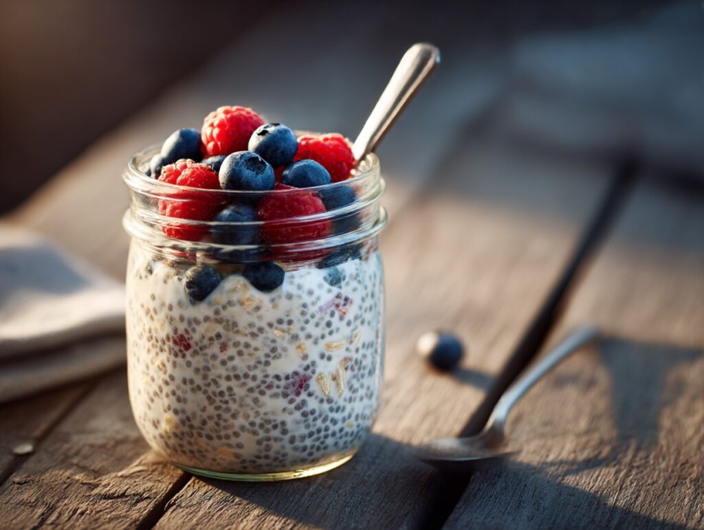 Multiple jars of overnight oats with fruit toppings on a wooden counter