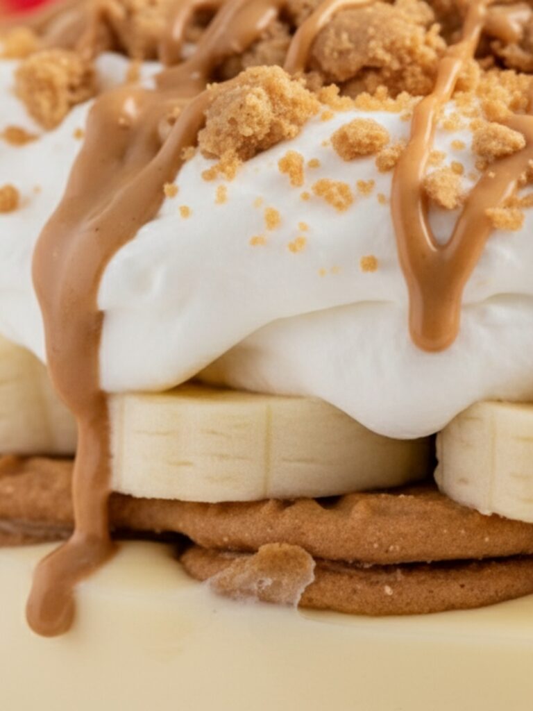 Close-up of Nutter Butter Trifle layers in a glass dish