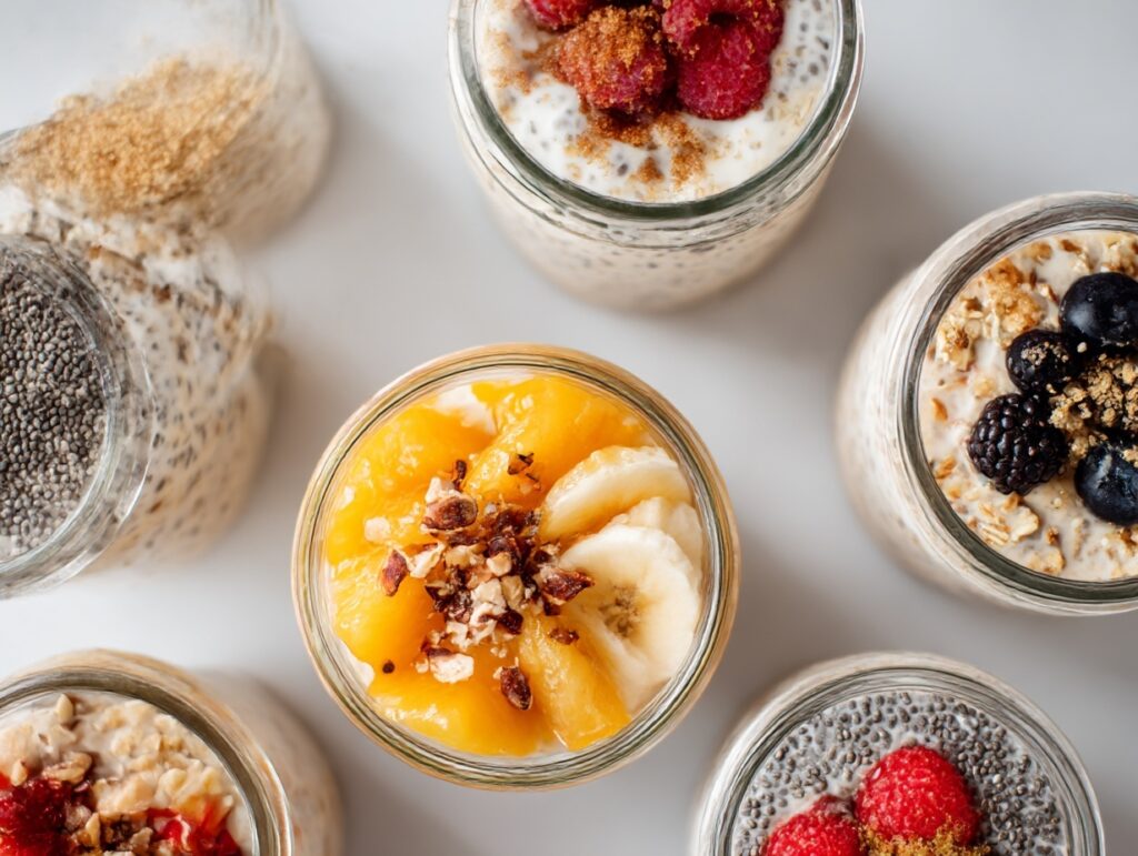 Several jars of brown sugar and chia overnight oats with fruit toppings