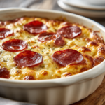 Baked cottage cheese pizza casserole topped with melted mozzarella and pepperoni Featured Image — Caption: Cheesy