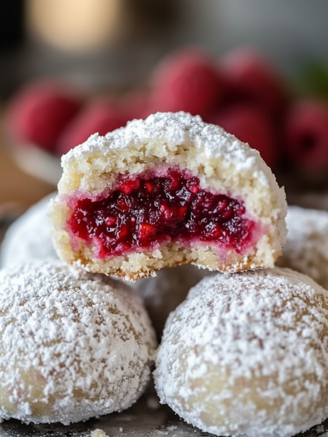 Raspberry-filled almond snowball cookies dusted with powdered sugar on a plate