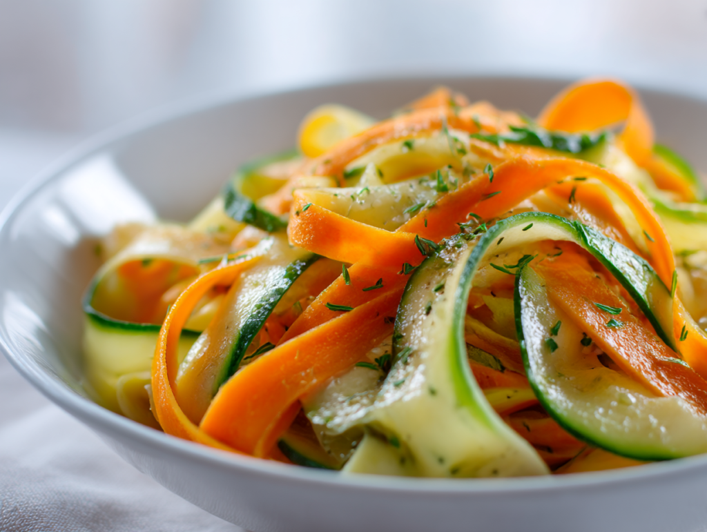Close-up of cucumber and carrot salad with herbs and sesame seeds