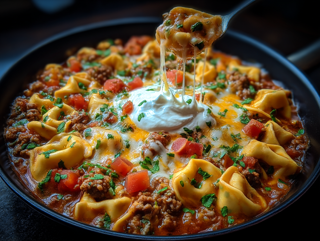 Portion of sausage and tortellini bake on ceramic plate