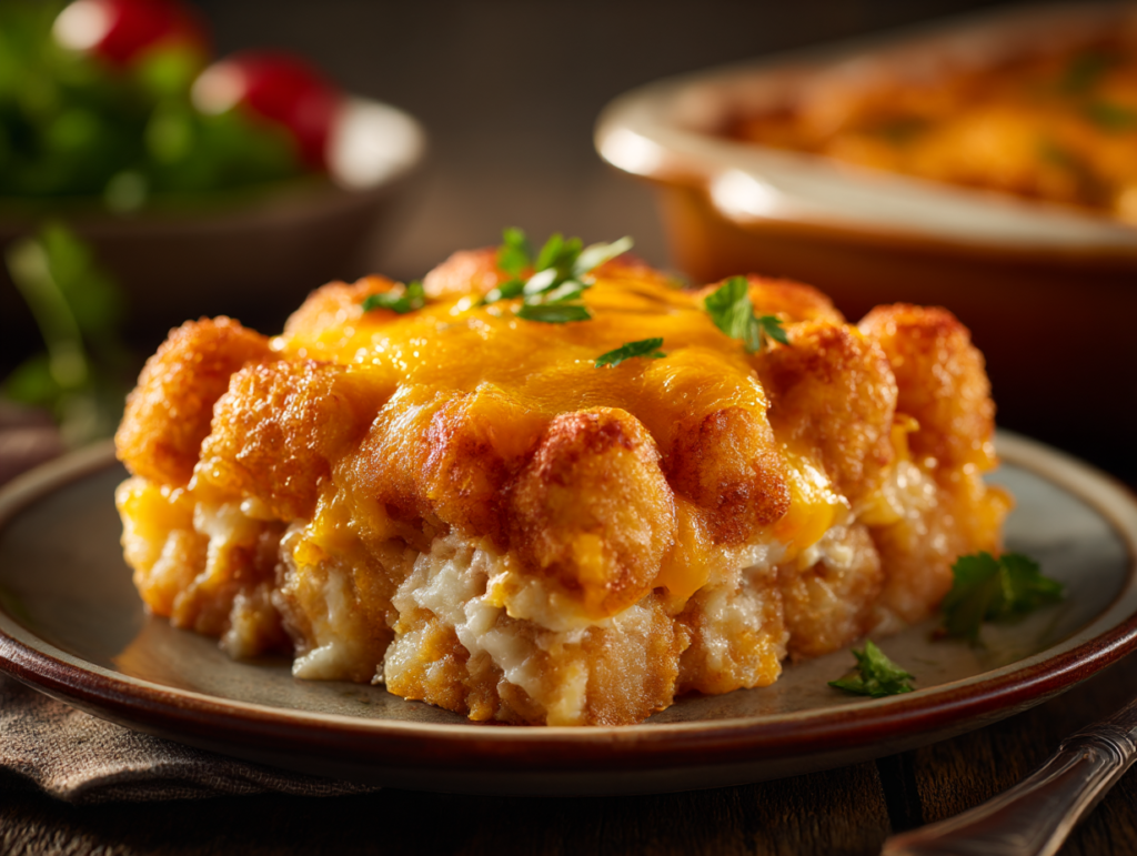 Golden baked tater tot casserole with ground beef and melted cheese