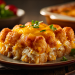 Golden baked tater tot casserole with ground beef and melted cheese