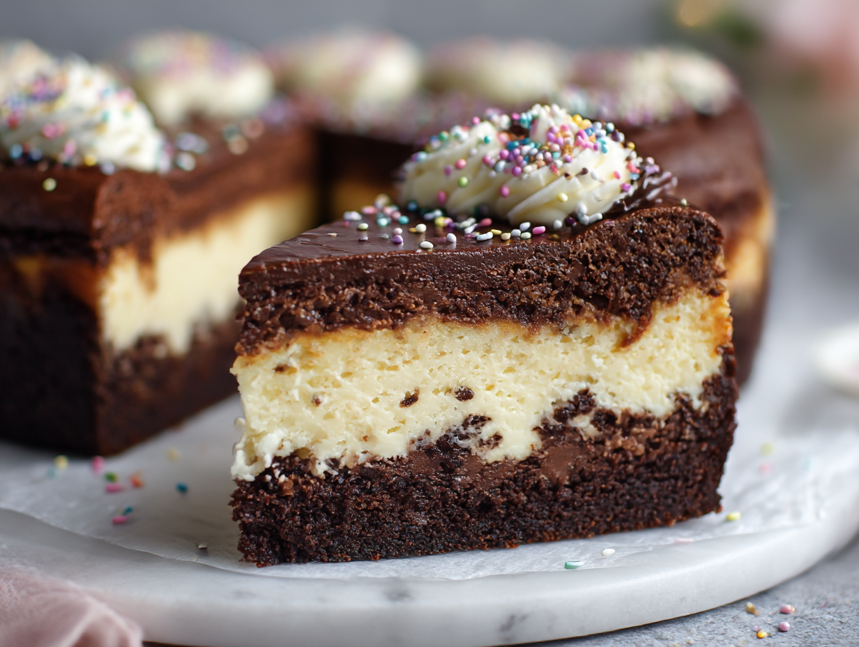 Slice of Brownie Cheesecake Birthday Cake Slice of brownie cheesecake with ganache and sprinkles on plate