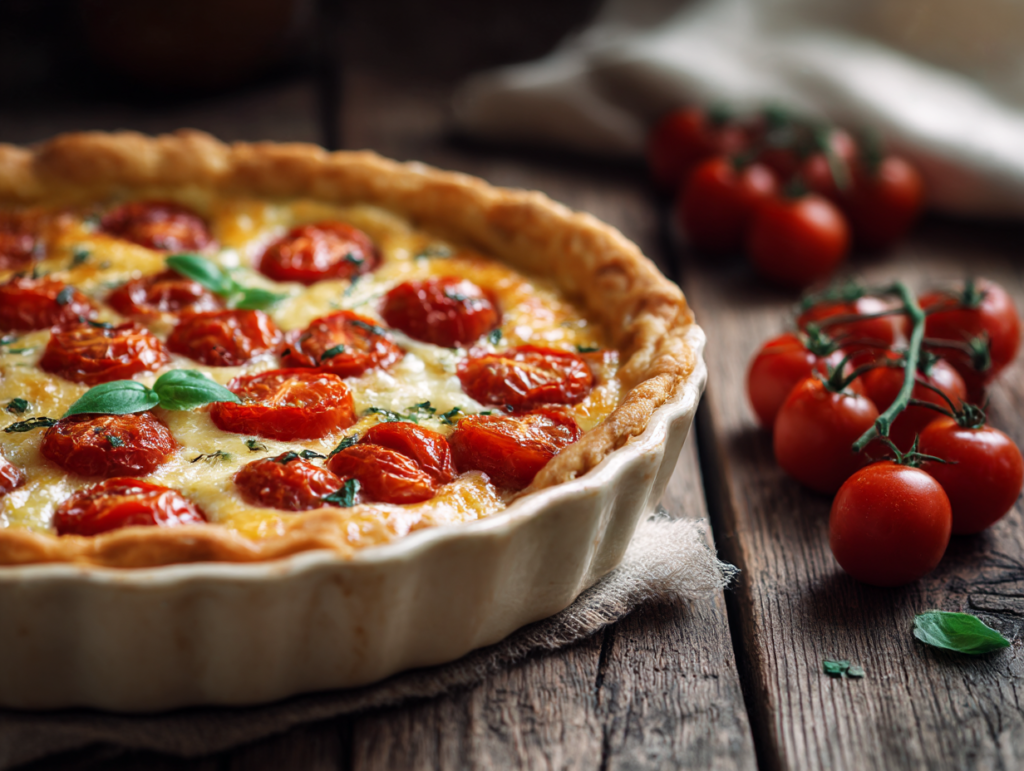 Slice of cherry tomato pie topped with basil and cheese