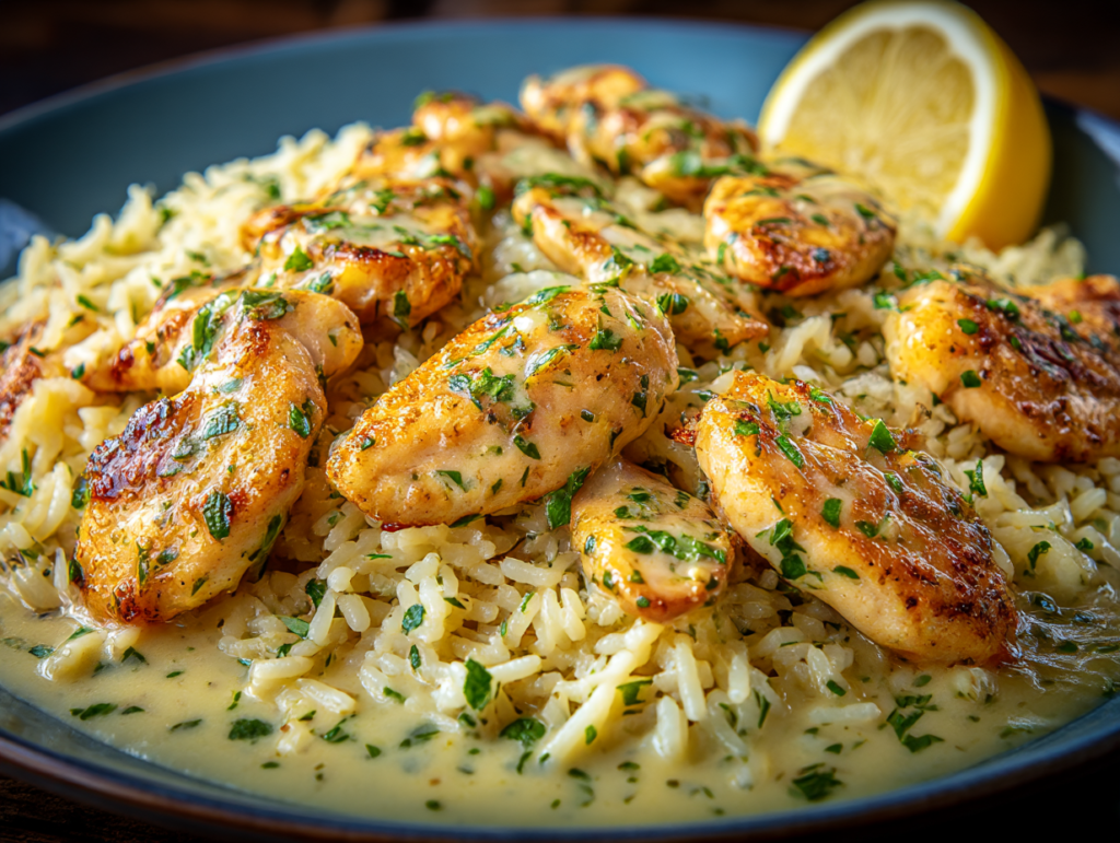slow cooker lemon herb chicken and rice in a ceramic bowl with lemon slices and herbs