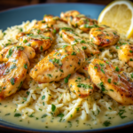 slow cooker lemon herb chicken and rice in a ceramic bowl with lemon slices and herbs