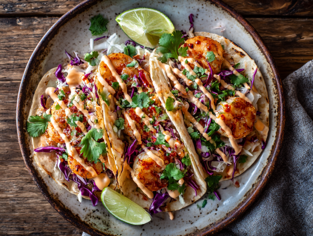 Shrimp tacos with chili mayo and cilantro on flour tortillas