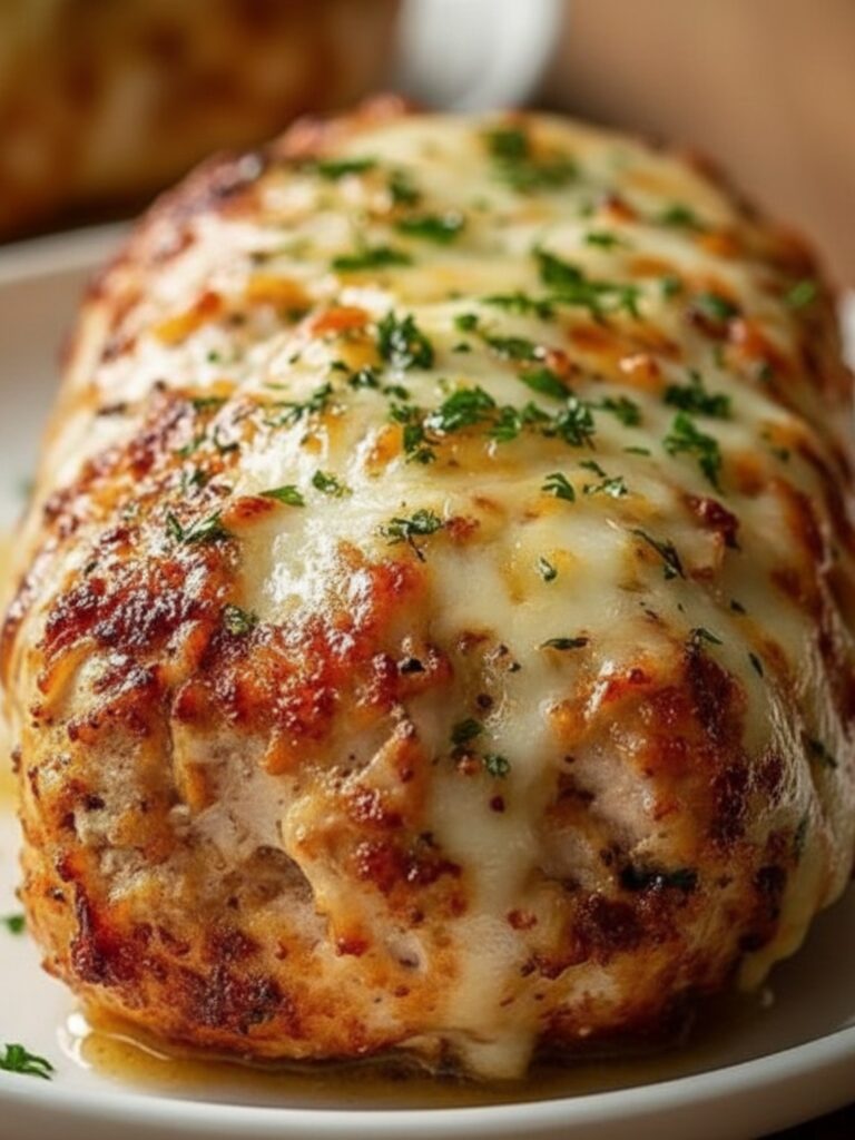 Close-up of Stuffed Italian Meatloaf showing gooey mozzarella center