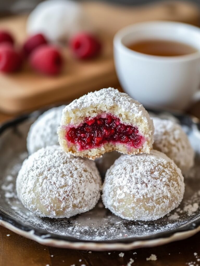 Top view of raspberry almond snowball cookies with powdered sugar and jam inside