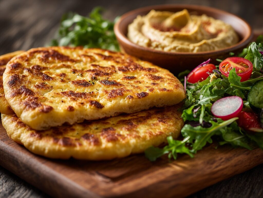 Cottage cheese flatbread baked golden brown and sliced on parchment