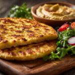 Cottage cheese flatbread baked golden brown and sliced on parchment