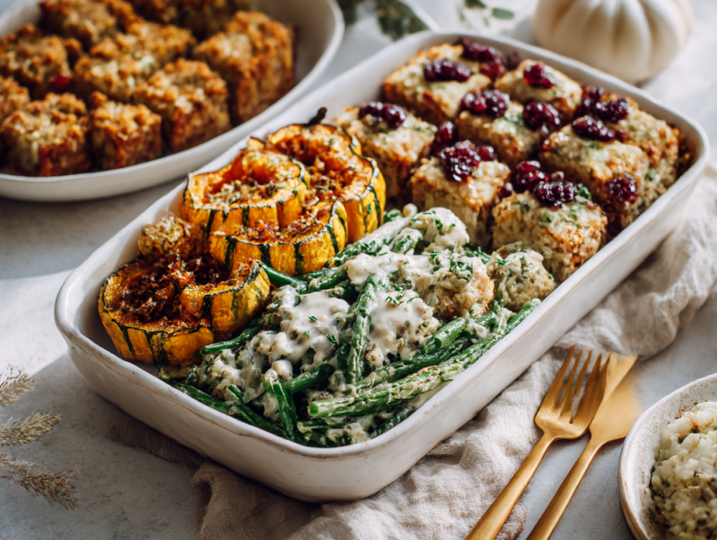Thanksgiving side dishes on a white table — roasted delicata squash, creamy green bean casserole, cranberry stuffing balls, cheesy rice bake, and pumpkin bars.