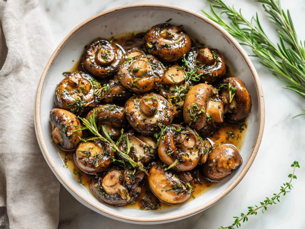 Buttery sautéed mushrooms in garlic herb butter in a skillet ready to serve for Christmas dinner