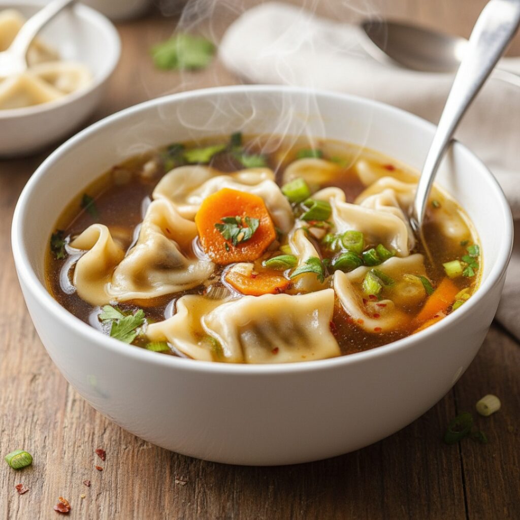 Comforting potsticker soup with dumplings in a rich ginger garlic broth