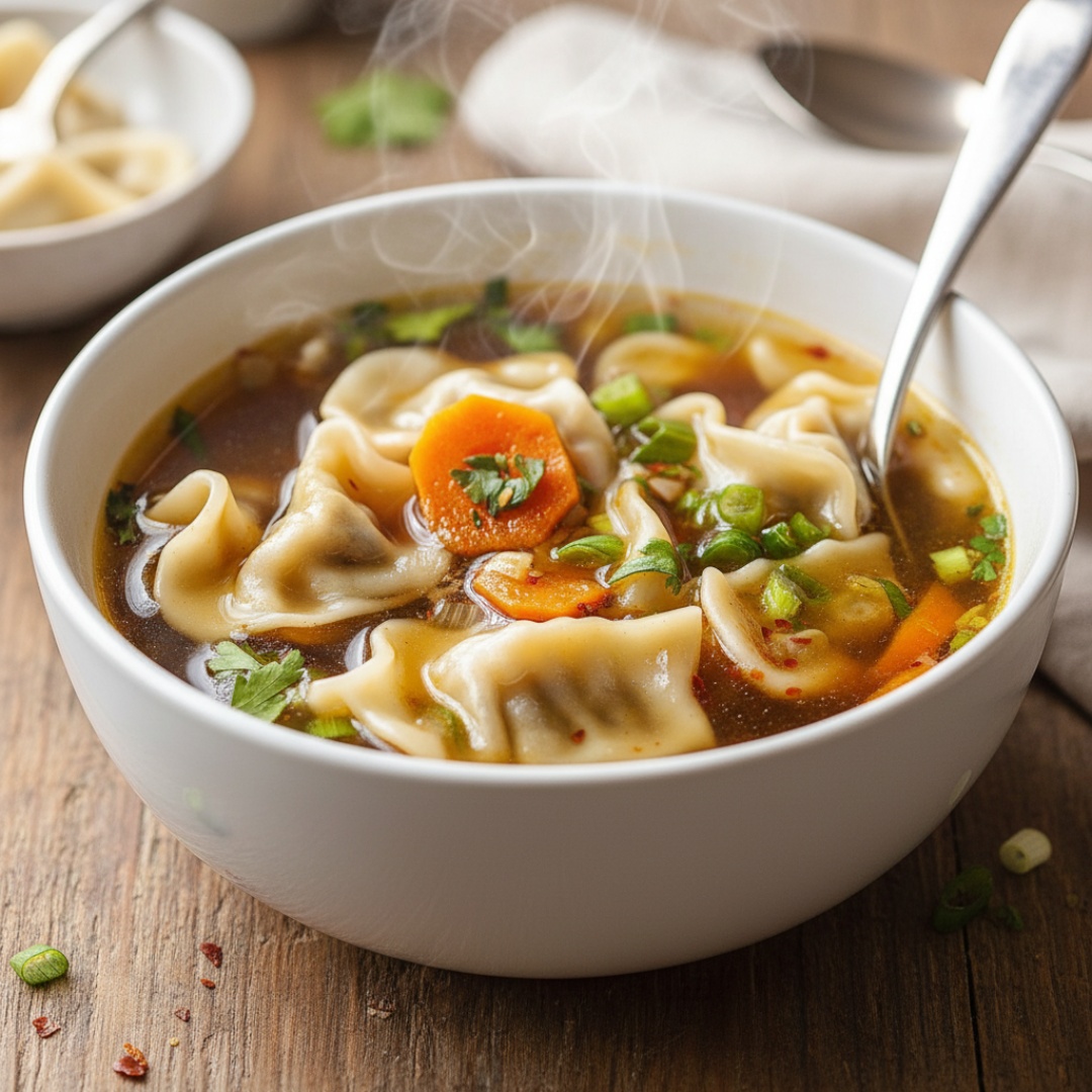 Comforting potsticker soup with dumplings in a rich ginger garlic broth