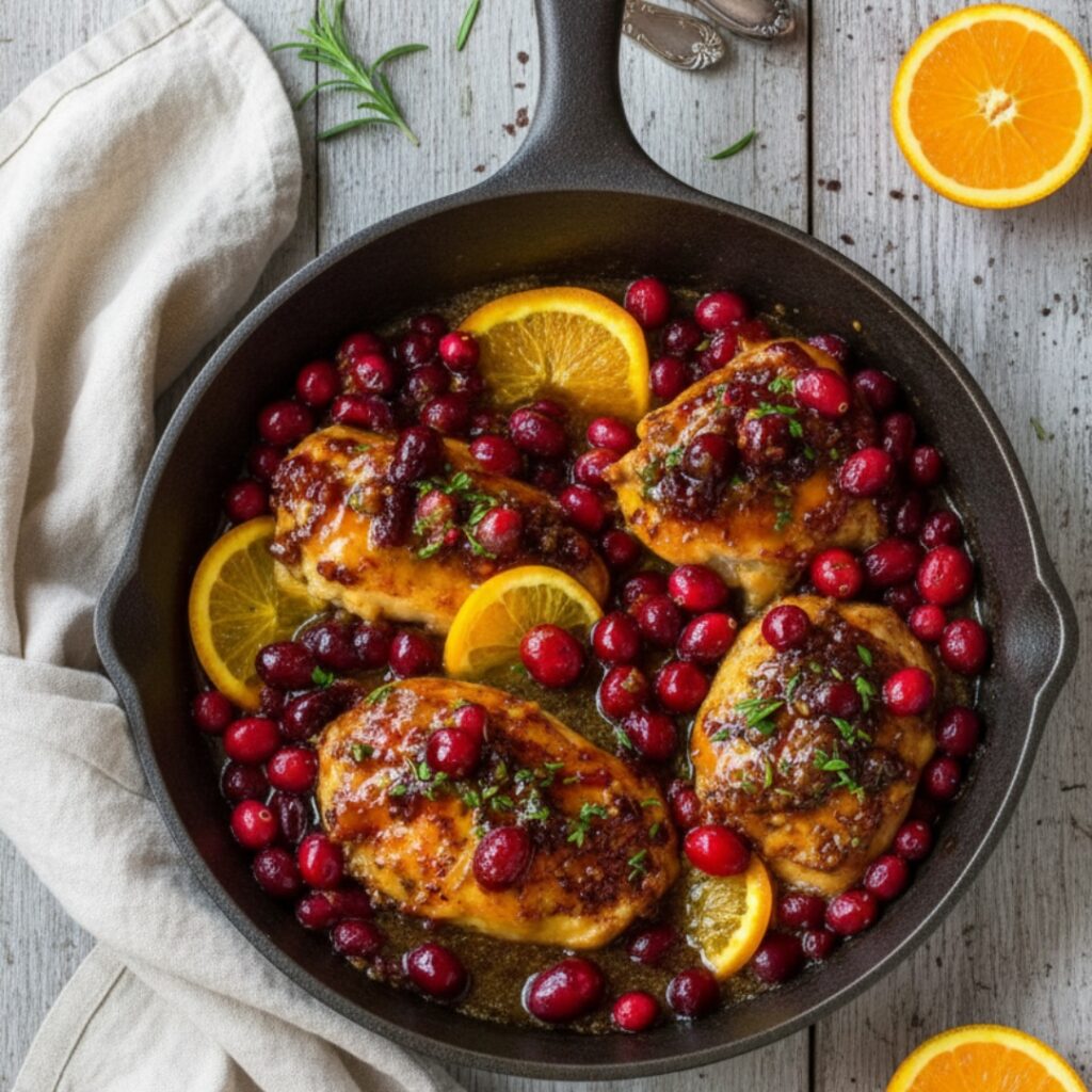 Golden cranberry orange chicken baked with fresh cranberries and citrus zest