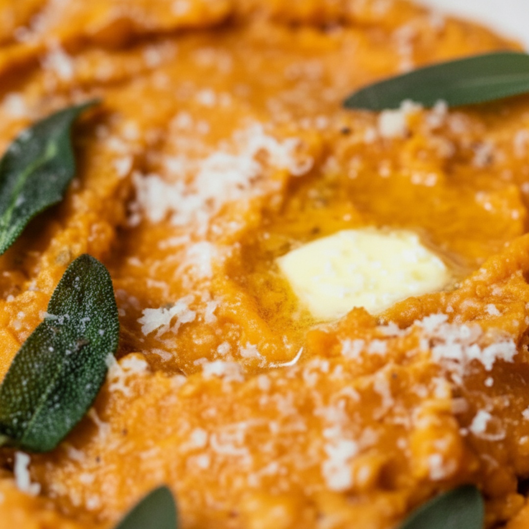 Creamy garlic Parmesan mashed sweet potatoes on a matte white plate