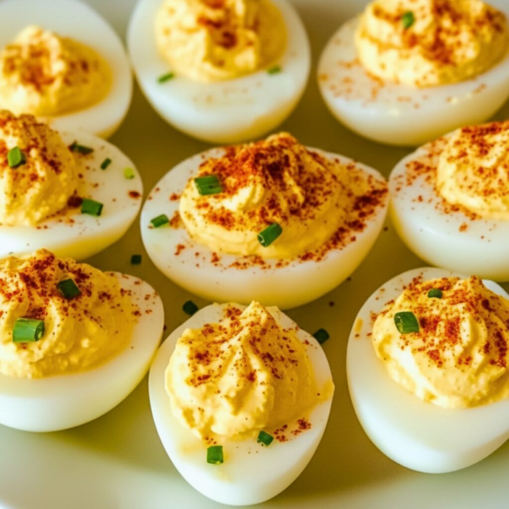 Creamy deviled eggs topped with paprika and chives