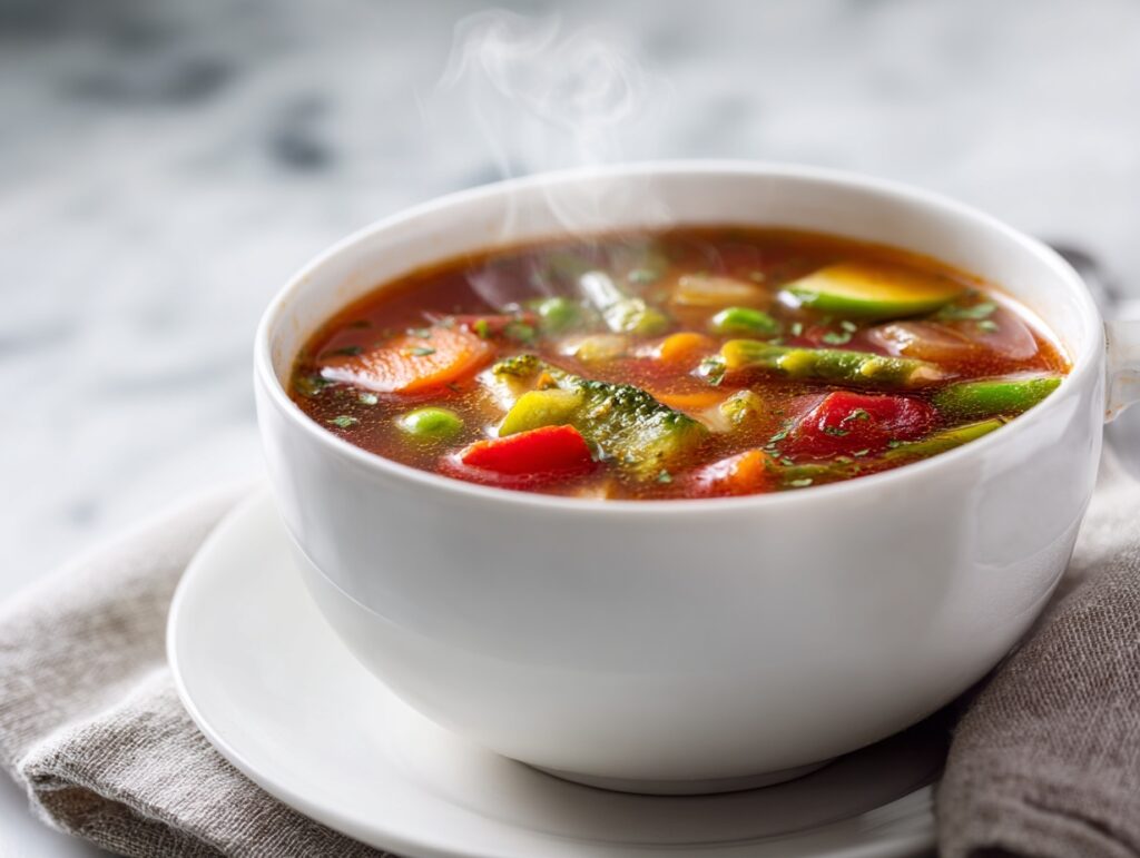 Easy Vegetable Soup Recipe (Healthy, Cozy, Winter Comfort Food) in a white bowl with colorful vegetables