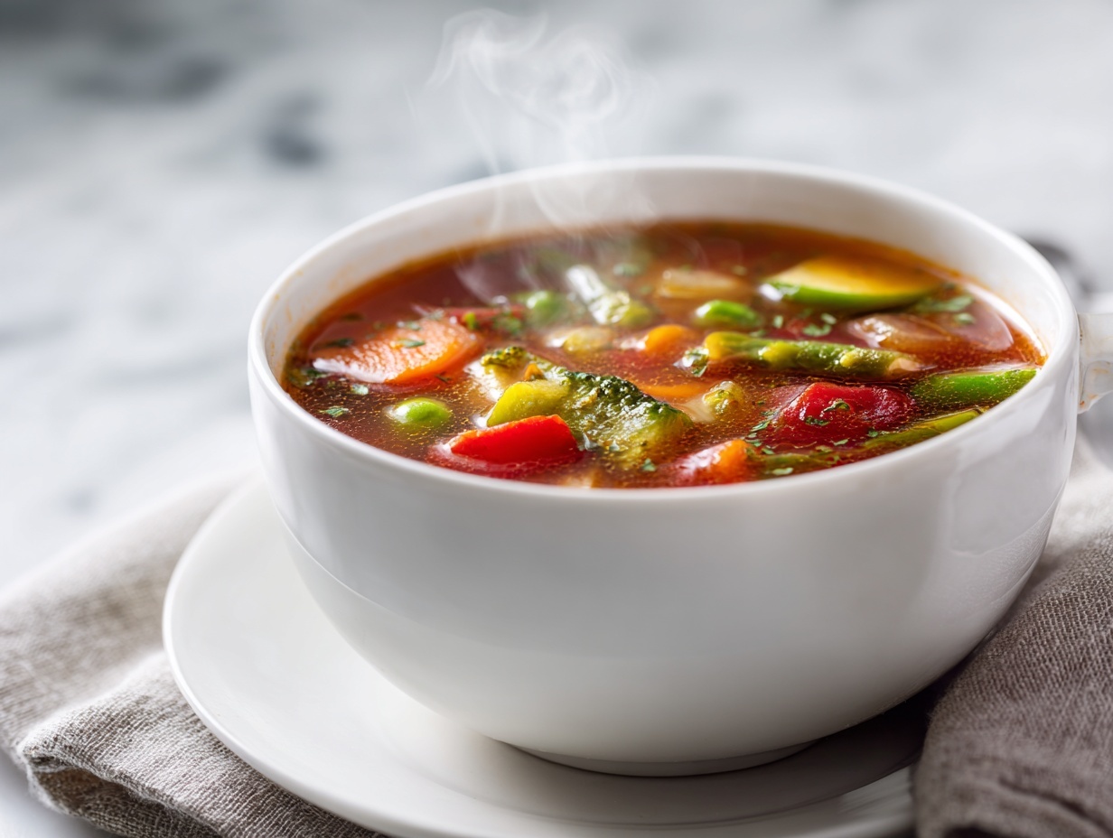 Easy Vegetable Soup Recipe (Healthy, Cozy, Winter Comfort Food) in a white bowl with colorful vegetables