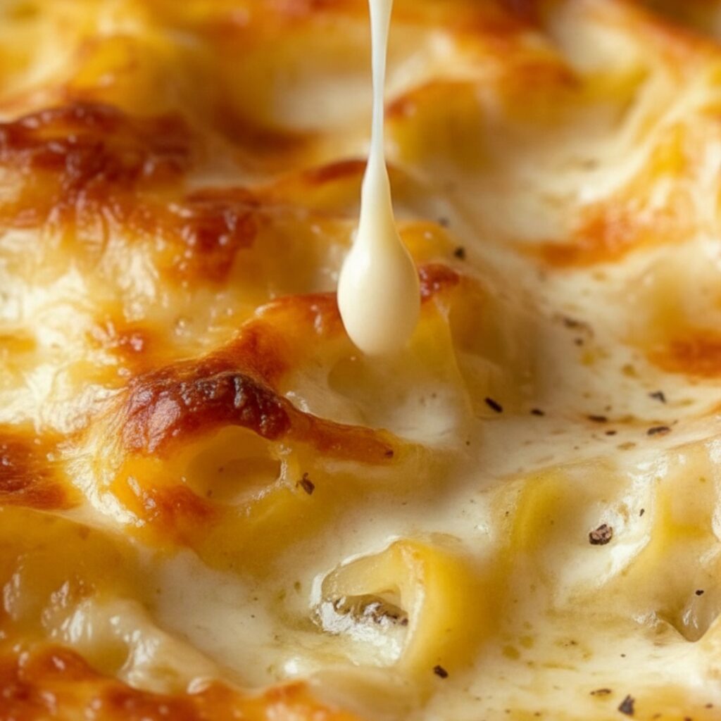 Top-down view of homemade egg-noodle casserole with browned cheesy top