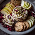 Festive Cranberry Pistachio Cheese Log on a holiday platter with crackers and fruit