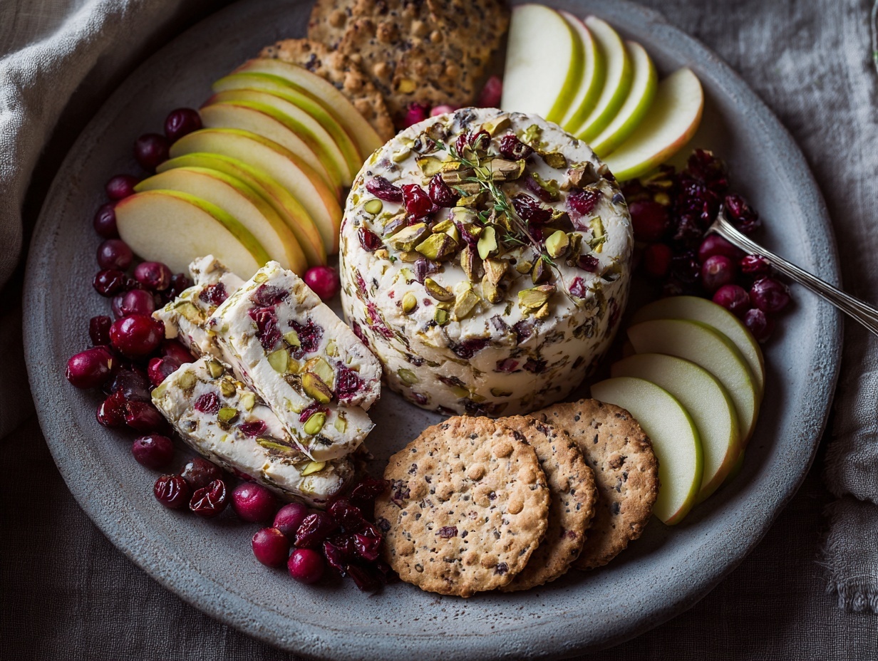 Festive Cranberry Pistachio Cheese Log on a holiday platter with crackers and fruit