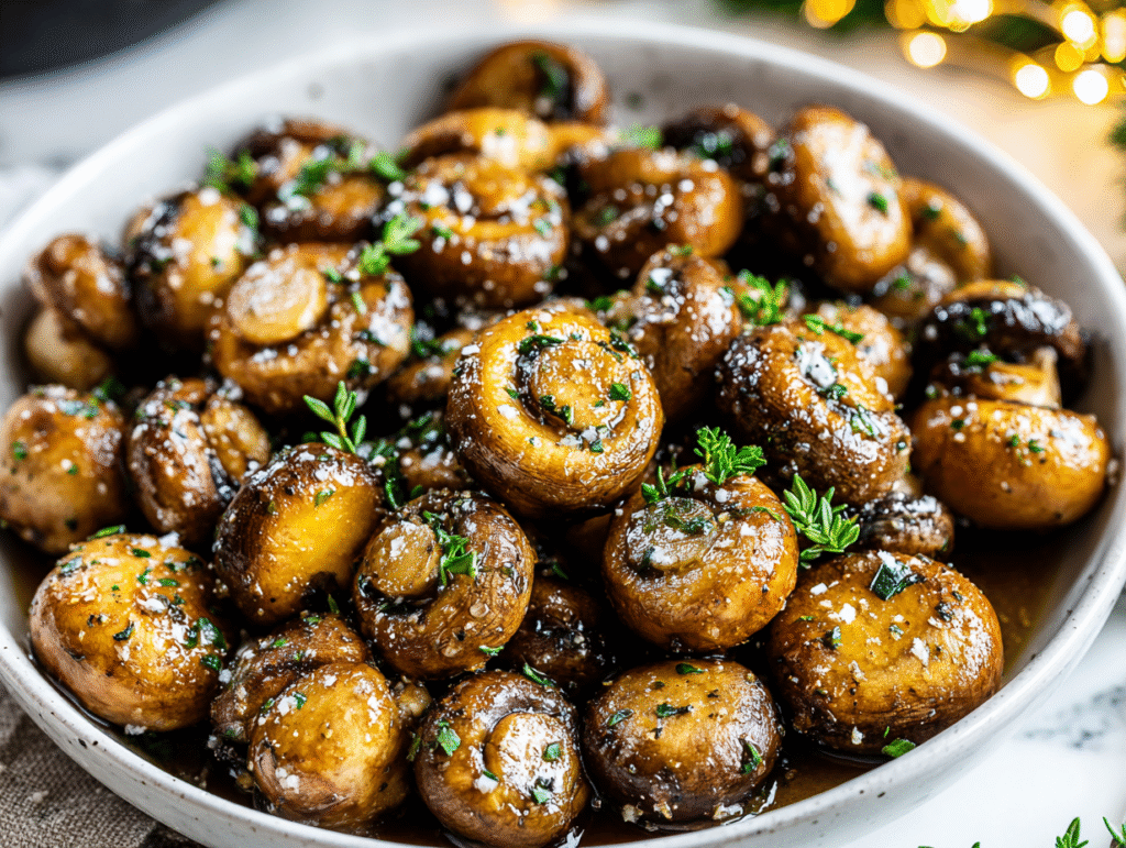 Garlic Butter Mushrooms Christmas Recipe in a black skillet with garlic herb butter and fresh parsley
