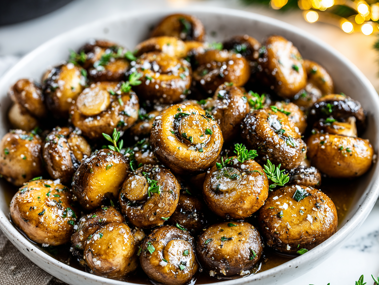 Garlic Butter Mushrooms Christmas Recipe in a black skillet with garlic herb butter and fresh parsley