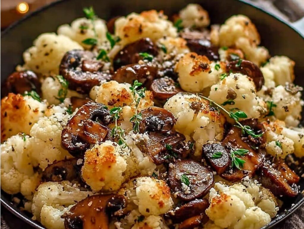 Garlic cauliflower mushroom skillet with golden veggies in a rustic pan